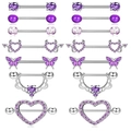 Set of 14 purple zircon nipple rings with heart and butterfly piercing jewelry designs - Purple 14Pcs Set