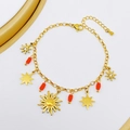 Bracelet doré avec pendentifs soleil, breloques étoiles et perles rouges chic - 17+4cm / Soleil & Étoile (Or avec perles rouges)