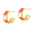 Modern gold-plated C-shaped hexagonal earrings with orange and white enamel finish - Orange White Hexagon C-Shape (KE0735-1)