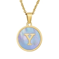 18K gold plated necklace with round mother of pearl pendant featuring letter Y - Letter Y (Includes Chain)