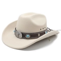 Sombrero vaquero crema con ala ancha, banda de cuero y adorno de cabeza de toro turquesa - M (56-58cm) / Beige