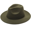 Classic army green wool fedora hat featuring a teardrop crown and wide flat brim detail - Plain Flat Brim Without Rope / Army Green