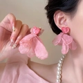 Close-up of sweet pink heart earrings with delicate fabric flower petal tassels on a model - Pink Heart Gauze Petal Earrings (14# Silver Earring Post - Pink)