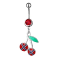 Navel ring featuring a silver cherry pendant with red crystal and confederate flag design - Cherry Style 6