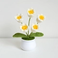Handmade crocheted potted plant with five white flowers and green leaves in a white ceramic pot - 5-Head Lily of the Valley White