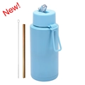 Blue stainless steel insulated 1L water bottle set with metal straw and cleaning brush - 1 L / Pop-up Straw Lid / Sky Blue