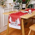 Festive red Christmas table runner with cute cartoon gnomes and snowy trees pattern. - Red