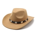 British style khaki felt cowboy hat with vintage metal buckle leather band decoration - Camel / M (56-58cm)