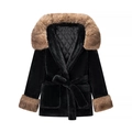 Black faux fur coat with brown fur collar and waist belt on a clean white background - S / Black
