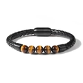 Detail of black braided leather bracelet with five tiger eye beads and magnetic clasp - Yellow Tiger Eye