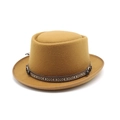 Wool boater hat in ginger yellow with ethnic pattern band and metallic buckle detail - M (56-58cm) / Khaki