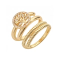Golden double layer ring set with Tree of Life zircon and textured spiral band design - Adjustable Open / Tree of Life Zircon / Gold