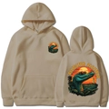 Alligator Alcatraz graphic hoodie in beige featuring retro sunset and lighthouse print - Camel