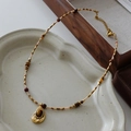 Beaded necklace with Tiger Eye pendant and natural agate stones in vintage gold finish - Tiger Eye Beaded Necklace XL0279