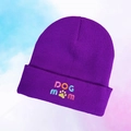 Detail of colorful DOG MOM embroidery on deep purple knitted beanie hat for winter - One Size / Deep purple