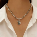 Retro irregular silver alloy necklace with dark grey faceted gemstone pendant - Silver Industrial Style Stone Necklace (35)