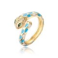 Detail of snake ring featuring blue enamel patterns and green gemstone eyes on 18k gold - Blue / White (12114)
