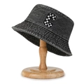 Dark grey washed denim bucket hat with checkered letter C embroidery patch - Letter C Patch Black