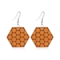 Detail of wooden hexagonal earrings with honeycomb pattern and silver metal hooks - Style 19/Hexagon Honeycomb Pattern Engraved