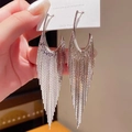 Elegant long silver tassel earrings with S925 silver needles on a display card - 10# Silver Earring Post-Regular-Silver C-Shape