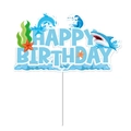 Cartoon ocean theme Happy Birthday cake topper featuring dolphin and shark elements - Large Cake Topper