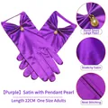 Elegant purple satin bridal gloves with faux pearl charms and 22cm wrist length - One Size / Purple