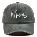 Detailed view of dark grey washed cotton baseball cap with white Mama embroidery - Army Green