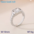 Silver stainless steel ring featuring a rectangular clear stone and twisted rope band - Silver