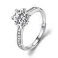 Adjustable S925 sterling silver ring with brilliant round zircon in heart-shaped prongs - Adjustable Open / Space-Time Heart Six-Prong Style (1 Carat Effect)