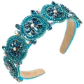 Detailed view of vintage blue crystal floral headband with intricate beadwork and velvet lining - Blue