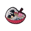 Artistic ramen bowl enamel pin featuring Great Wave design in vibrant red and blue colors - Wave Ramen Bowl