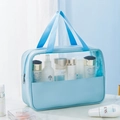 Portable light blue PVC travel cosmetic bag with leather handles and zipper closure - Large / Blue
