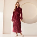 Burgundy thick flannel couple bathrobe with plush finish and diamond pattern trim - Wine Red Women