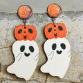 Handgefertigte Halloween Kürbis und Geist Holzohrringe mit orangefarbenen Glitzerstecker - Kürbis & Geist Stil