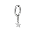 Detailed macro of silver stainless steel star pendant hanging from a punk hoop earring - Pentagram