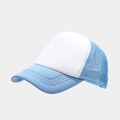 Detail view of a two-tone trucker hat featuring blue mesh panels and a foam front - Adjustable / Blue White Patchwork