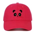 Detailed close-up of vivid panda face embroidery on a red cotton baseball cap - Rose Red
