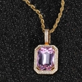 Iced out square pink zircon pendant with gold rope chain hip hop necklace - Gold with Pink Stone (Pendant Necklace)