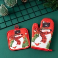 Thick Christmas oven mitt and pot holder set with snowman and pine tree pattern - Scarf Snowman