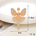 Detailed view showing dimensions of golden ballerina brooch with white rhinestones - D1083 Dancing Fairy Gold