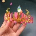Macro detail of handmade bridal crown with pink crystals and golden metal moon accent - Pink Crystal + Gold Wings Moon Flat Style