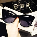 Close-up of black oversized cat eye sunglasses with a white leather protective case - Large Cat-Eye Frame / Black Frame Dual Grey