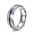 Silver 8mm ring with wood inlay, meteorite texture, and iridescent abalone shell finish - US 9 / Abalone Shell + Silk Foil