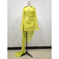 Neon yellow V-neck satin dress with ruched waist and long asymmetrical split hem - S / Lemon Yellow