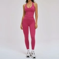 Women's rose red yoga set with halter v-neck tank top and high waist ribbed leggings - S / Vest 1 + Pants — Plum Red