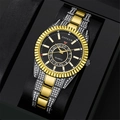 Close-up of a two-tone steel watch with rhinestones in a luxury black gift box - Black & Two-tone Gold Watch