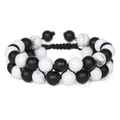 Handmade double-layer tiger eye stone beaded bracelet with black woven cord for men - Matte Beads + White Turquoise