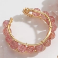 Handcrafted gold wire beaded ring featuring natural pink strawberry quartz gemstones - Strawberry Quartz