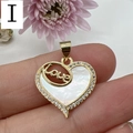 Detailed view of mother of pearl heart pendant with gold Love lettering and zircons - Style I-Love Engraved Hollow MOP