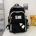 Retro black student backpack with SJM logo and cute panda plush keychain - Black With Panda